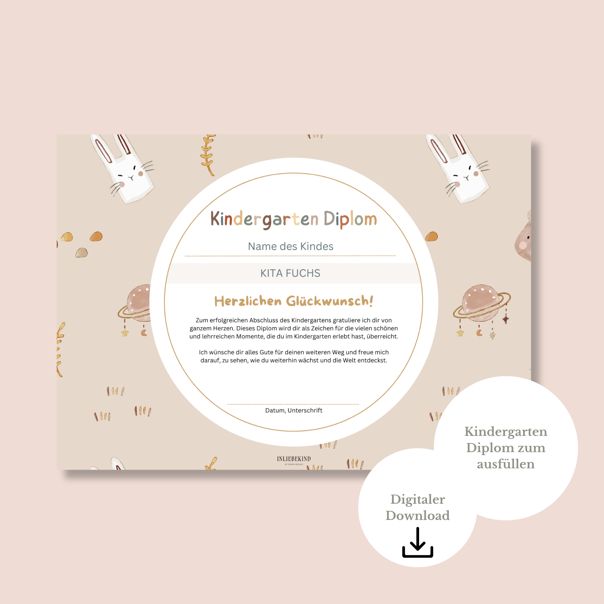 Kindergarten-Diplom HASE und MOND Digitaler Download PDF