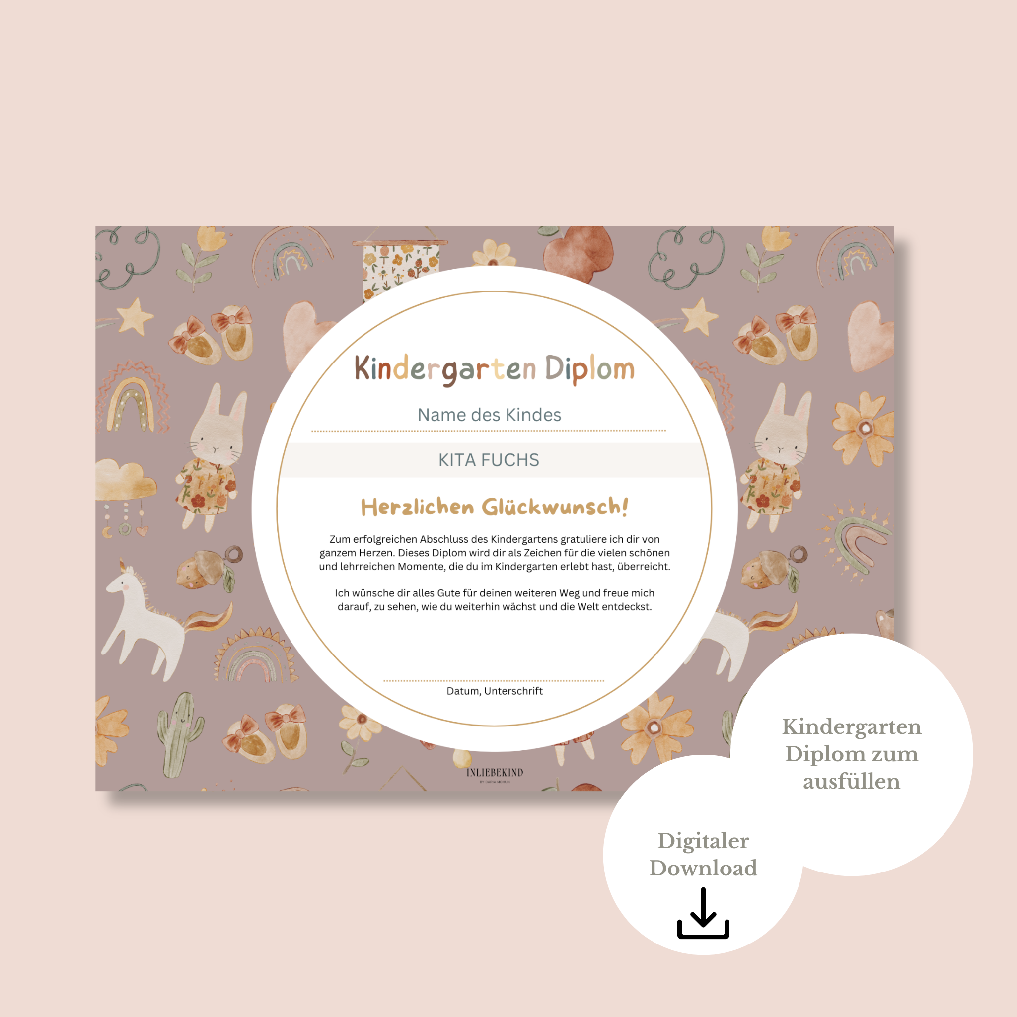 Kindergarten-Diplom HASE EINHORN und BLUMEN Digitaler Download PDF