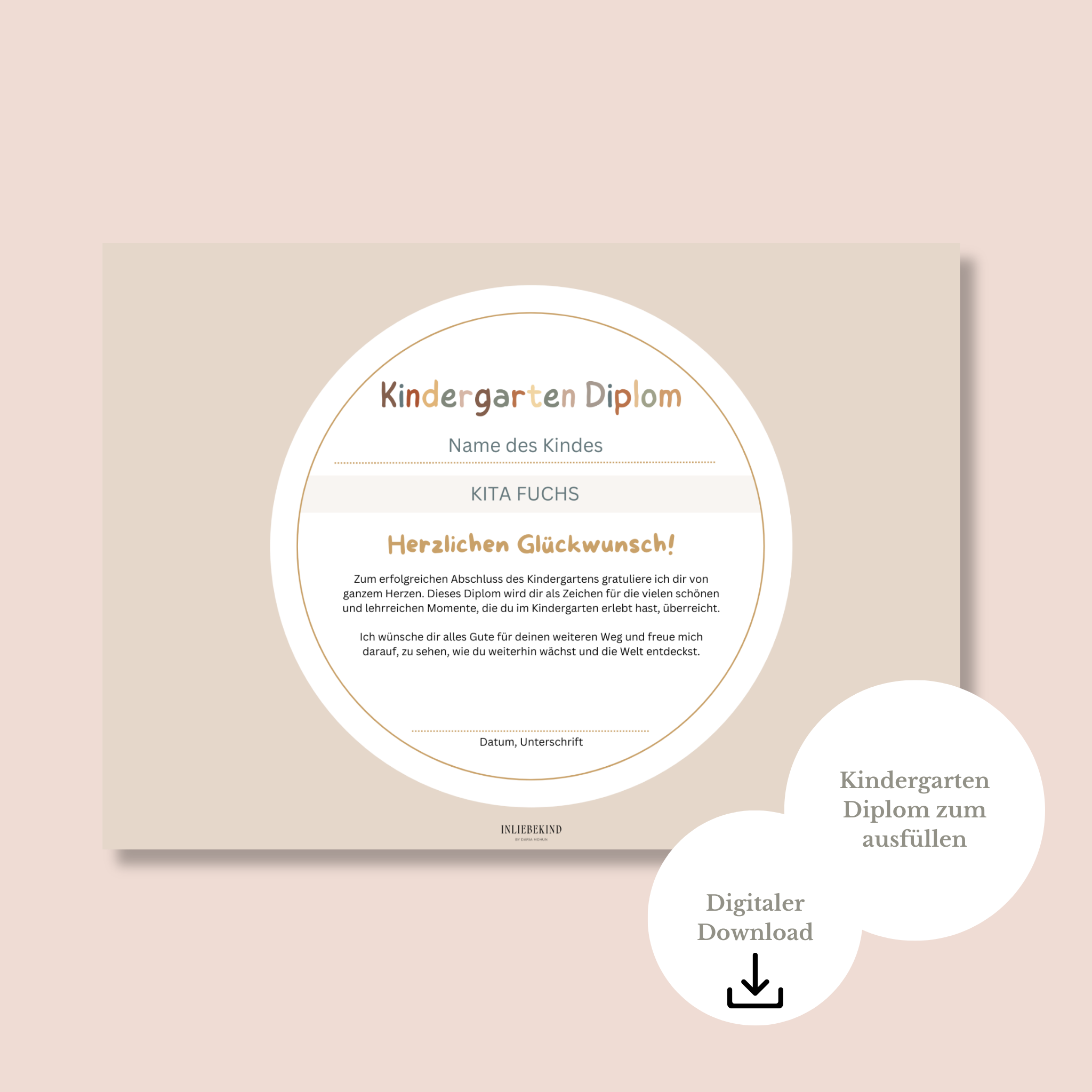 Kindergarten-Diplom NEUTRAL BEIGE Digitaler Download PDF